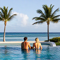 Caribbean Holidays, April All Inclusive, Couple relaxing beside an infinity pool at a Caribbean all-inclusive resort, with palm trees and a calm blue sea in the background