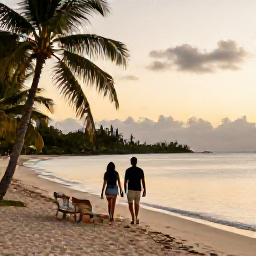 Caribbean Holidays, April All-Inclusive, Couple walking along a quiet Saint Kitts beach at sunset, with soft golden light, calm sea and a comfortable tropical holiday atmosphere