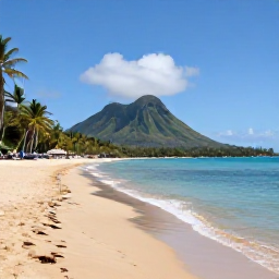 Caribbean Holidays, April All-Inclusive, Nevis beach with golden sand, calm blue sea, palm trees and the green volcanic peak of Nevis rising in the background