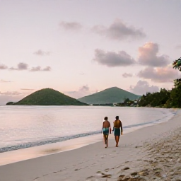 Caribbean Holidays, April Antigua Holidays, Couple walking along a quiet white-sand beach in Antigua at sunset, with calm water and green hills in the distance