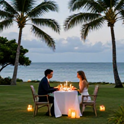 Caribbean Holidays, April Antigua Holidays, Romantic outdoor dinner for two at an Antigua adults-only resort, with candles, palm trees and the sea beyond