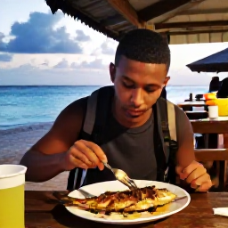 Caribbean Holidays, April Backpacking, Backpacker eating fresh grilled fish at a small seaside restaurant in the Grenadines during a warm April evening