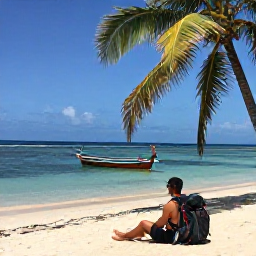 Caribbean Holidays, April Backpacking, Backpacker relaxing on a quiet beach in Tobago with clear blue water, coconut palms and a small colourful fishing boat