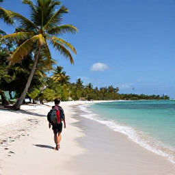Caribbean Holidays, April Backpacking, Backpacker walking along a quiet tropical beach in Trinidad and Tobago in April, with turquoise water, palm trees and a relaxed Caribbean atmosphere