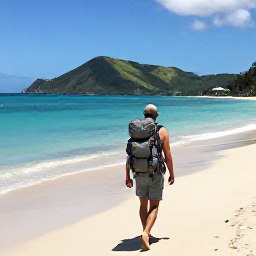Caribbean Holidays, April Backpacking, Backpacker with a light rucksack walking along a sunny Caribbean beach on Saint Vincent, turquoise sea and green hills in the background