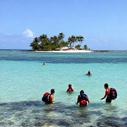 Caribbean Holidays, April Backpacking, Backpackers swimming in clear Caribbean water beside a small unspoilt island, bright April sunshine and coral reef