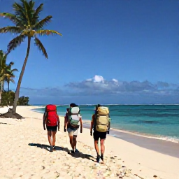 Caribbean Holidays, April Backpacking, Backpackers walking along a sunny Caribbean beach with light packs, palm trees and turquoise water