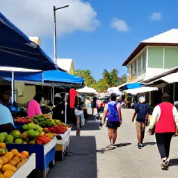Caribbean Holidays, April Backpacking, Colourful Caribbean market street in April, with local fruit stalls, friendly vendors and backpackers exploring