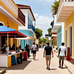 Caribbean Holidays, April Backpacking, Colourful Port of Spain street scene with local food stalls, music and travellers exploring in warm April sunshine