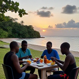 Caribbean Holidays, April Backpacking, Friendly backpackers sharing a simple outdoor meal with local travellers in Trinidad and Tobago at sunset