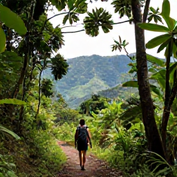 Caribbean Holidays, April Backpacking, Hiker following a forest trail in the Northern Range of Trinidad, surrounded by lush green trees and tropical mountain scenery