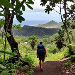 Caribbean Holidays, April Backpacking, Hiker on a forest trail beneath Mount Soufri&egrave;re on Saint Vincent, lush rainforest, volcanic landscape and distant sea views