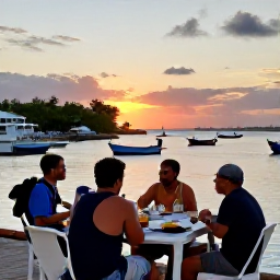 Caribbean Holidays, April Backpacking, Relaxed Caribbean harbour at sunset with backpackers dining at a casual local restaurant and colourful boats