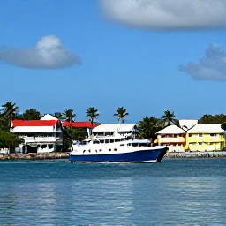 Caribbean Holidays, April Backpacking, Small inter-island ferry approaching Bequia harbour, colourful waterfront buildings, palm trees and calm Caribbean water