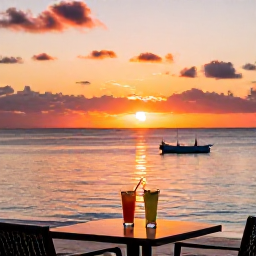 Caribbean Holidays, April Bahamas Holidays, A romantic Bahamian sunset viewed from a beachfront adults-only resort, with two drinks on a table and the sea glowing orange and pink