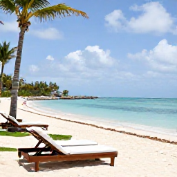 Caribbean Holidays, April Bahamas Holidays, Adults enjoying a quiet morning on a luxurious Bahamian beach, with sun loungers, clear water and a peaceful tropical setting