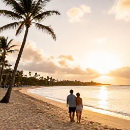 Caribbean Holidays, April Barbados, Couple walking along a golden Barbados beach at sunset, calm Caribbean water, coconut palms and a relaxed adults-only holiday atmosphere