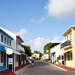 Caribbean Holidays, April Barbados, Elegant Bridgetown street with colourful buildings, local shops and visitors exploring Barbados in warm April sunshine