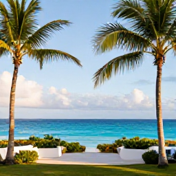 Caribbean Holidays, April Barbados, Quiet adults-only resort overlooking a bright turquoise Caribbean sea in Barbados, with palm trees and soft morning light