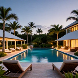 Caribbean Holidays, April Barbados, Stylish adults-only Barbados resort pool at dusk with comfortable loungers, tropical gardens and warm evening lighting