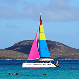 Caribbean Holidays, April Beach Holidays, A colourful catamaran sailing between Saint Martin and Sint Maarten, sunny Caribbean sea, snorkellers and a dramatic island coastline