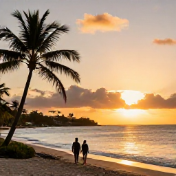 Caribbean Holidays, April Beach Holidays, A couple walking along a quiet Saint Martin beach at sunset in April, golden light, calm sea and palm silhouettes