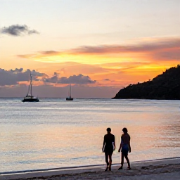 Caribbean Holidays, April Beach Holidays, A couple walking along a tranquil British Virgin Islands beach at sunset, warm evening light, calm sea and distant sailing boats
