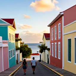 Caribbean Holidays, April Beach Holidays, A couple walking through the colourful streets of Charlotte Amalie on St Thomas, historic buildings, harbour views and warm afternoon light