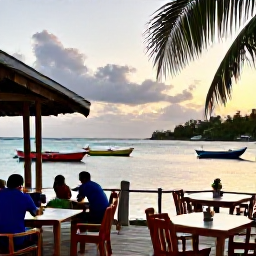 Caribbean Holidays, April Beach Holidays, A friendly Caribbean waterfront restaurant in Bequia at sunset, with colourful boats, palm trees and outdoor tables
