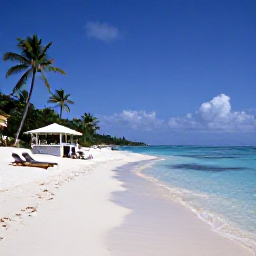 Caribbean Holidays, April Beach Holidays, A peaceful Antigua beach with clear water, white sand, sun loungers and a small beach bar beneath palm trees