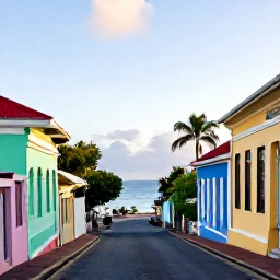 Caribbean Holidays, April Beach Holidays, A relaxed April afternoon in Basseterre, Saint Kitts, showing colourful buildings, a historic street and a glimpse of the Caribbean sea