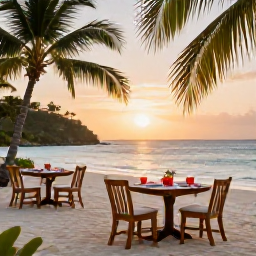 Caribbean Holidays, April Beach Holidays, A relaxed beachfront dinner in Antigua at sunset with simple tables, tropical colours and the sea in the background