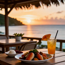 Caribbean Holidays, April Beach Holidays, A relaxed outdoor restaurant beside the Caribbean sea in the United States Virgin Islands, fresh seafood, tropical drinks and sunset colours