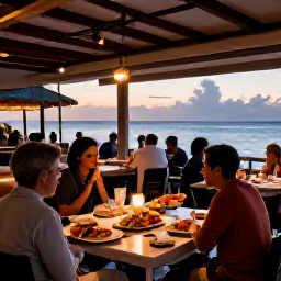 Caribbean Holidays, April Beach Holidays, A relaxed outdoor restaurant in Providenciales at sunset, fresh seafood on tables and diners enjoying a warm April evening
