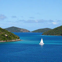 Caribbean Holidays, April Beach Holidays, A sailing boat gliding between green islands and turquoise water in the British Virgin Islands under a clear April sky