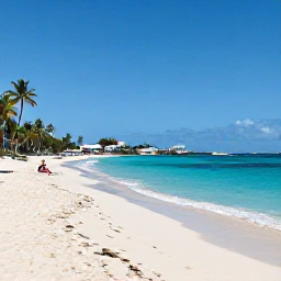 Caribbean Holidays, April Beach Holidays, A wide sandy beach on Saint Barth&eacute;lemy in April, clear turquoise water, bright sunshine, palm trees and a few relaxed holidaymakers