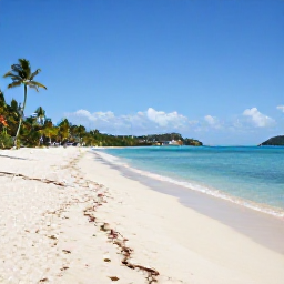 Caribbean Holidays, April Beach Holidays, A wide sandy beach on St Thomas in the United States Virgin Islands, bright April sunshine, calm turquoise water and a few palm trees