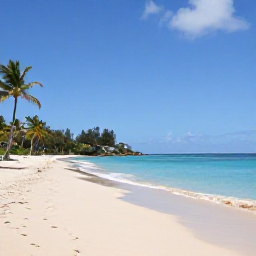 Caribbean Holidays, April Beach Holidays, A wide sandy Caribbean beach in Antigua with calm turquoise water, gentle sunshine and a few palm trees
