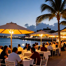 Caribbean Holidays, April Beach Holidays, An atmospheric evening in Philipsburg, Sint Maarten, with waterfront restaurants, palm trees, warm lights and people enjoying dinner