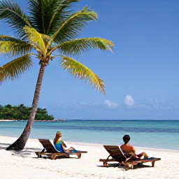 Caribbean Holidays, April Beach Holidays, Couple relaxing on a quiet Tobago beach in April, with sun loungers, coconut palms and calm blue sea