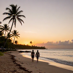 Caribbean Holidays, April Beach Holidays, Couple walking along a peaceful Saint Kitts beach at sunset in April, with gentle waves and palm trees silhouetted against the sky