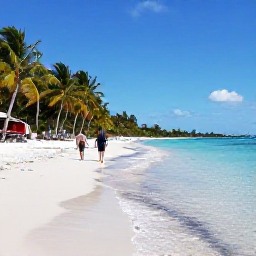 Caribbean Holidays, April Beach Holidays, Grace Bay Beach in April with calm clear water, powdery sand, palm trees and a couple walking along the shoreline