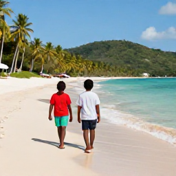 Caribbean Holidays, April Beach Holidays, Happy family walking along a sunlit Tobago beach in April, with clear water, palm trees and green hills behind