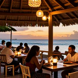 Caribbean Holidays, April Beach Holidays, Outdoor restaurant in Tobago serving Caribbean food at sunset, with warm lights and diners near the sea