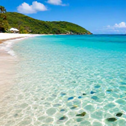 Caribbean Holidays, April Beach Holidays, Trunk Bay on St John with clear shallow water, colourful fish beneath the surface, white sand and green hills in the background