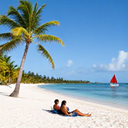 Caribbean Holidays, April Beach Holidays, Visitors relaxing on a peaceful white-sand beach in the Grenadines, with palm trees, calm blue sea and small sailing boats