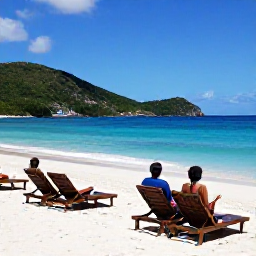 Caribbean Holidays, April Beach Holidays, Visitors relaxing on a quiet Caribbean beach in the British Virgin Islands, sun loungers, calm blue sea and green hills in the background