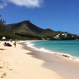Caribbean Holidays, April Beach Holidays, Visitors relaxing on a quiet golden beach in Saint Kitts, with gentle waves, sun loungers and green hills in the background
