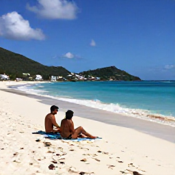 Caribbean Holidays, April Beach Holidays, Visitors relaxing on Gouverneur Beach in Saint Barth&eacute;lemy, soft white sand, calm blue sea and green hills under an April sky