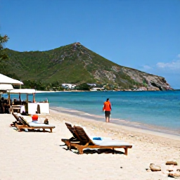 Caribbean Holidays, April Beach Holidays, Visitors relaxing on Orient Bay Beach in Saint Martin, sun loungers, calm blue sea, beach caf&eacute;s and green hills in the background